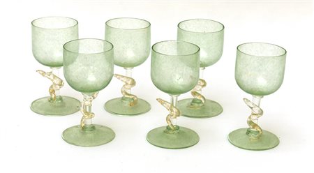 Manifattura di Murano, lotto di sei calici da liquore in vetro soffiato con...