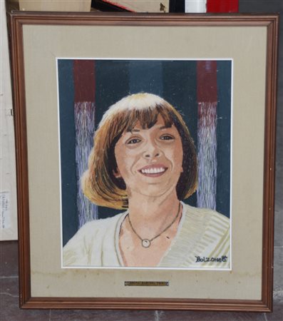 Composizione con stoffe raffiguranti il ritratto di Krizia (cm 50x40) firmato...
