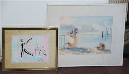 Lotto di due tecniche miste raffiguranti "K di Krizia" e "Scorcio della...