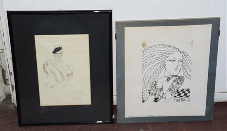 Lotto composto da due disegni raffiguranti figura belle epoque e volto,...