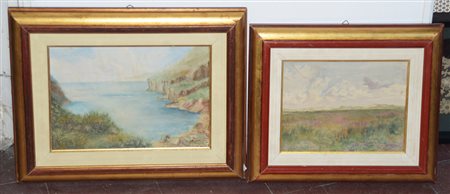 Ignoto "Paesaggi" due acquerelli su cartoncino, misure diverse (difetti) in...