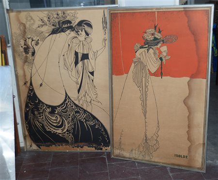 Lotto di due grandi litografie in stile giapponese, misure diverse (difetti)