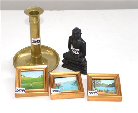 Lotto composto da tre piccoli dipinti, un candeliere in ottone del sec. XIX e...