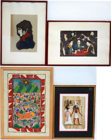 Lotto composto da due tecniche miste, un papiro egizio e un dipinto etnico....