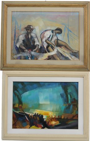 Antonio Rosetti "Barche" e "Pescatori", lotto di due olii su tela (cm 50x70)...
