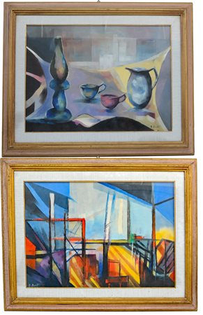 Antonio Rosetti "Natura morta con lanterna" e " Interno", lotto di due olii...