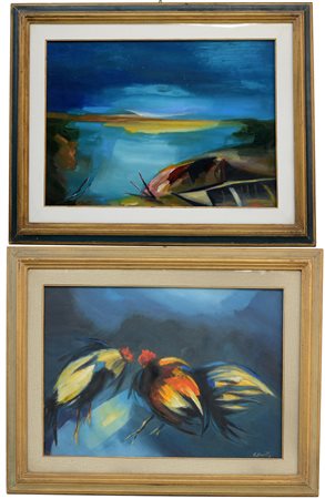 Antonio Rosetti "Galli" e " Paesaggio lacustre", lotto di due olii su tela...