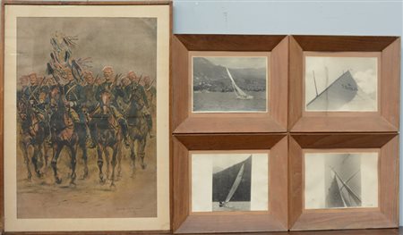 Lotto composto da una oleografia da un dipinto di Detaille e quattro...