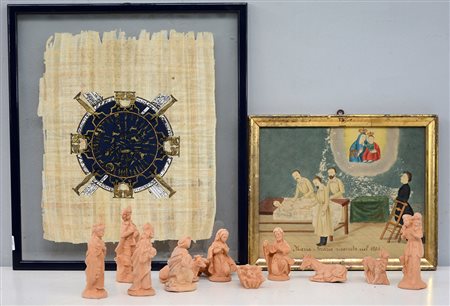 Lotto composto da un ex voto del sec. XIX, un presepe in terracotta e un...