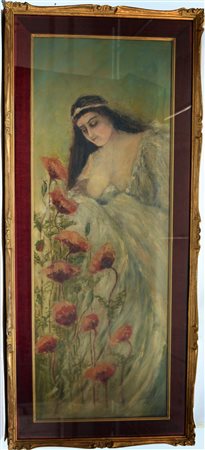 Ignoto "Figura femminile con fiori" olio su tela (cm 120x43) in cornice...