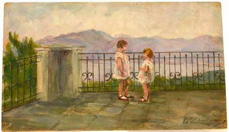 Firma indecifrata "Figure su terrazzo" olio su compensato (cm 14x24) (difetti)