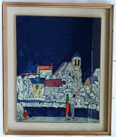 Ignoto "Paesaggio con figure" olio su tela (cm 72x60) firmato "Libero" in...