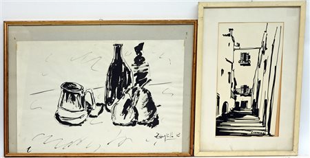 Lotto composto da due disegni ad acquerello e pennarello raffiguranti natura...