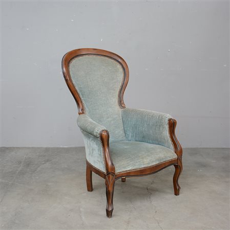 Poltrona con struttura in legno e rivestimento in velluto verde, sec. XX...