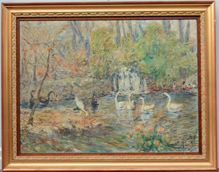 Carlo Aimetti (Bisuschio 1901 - Milano 1987) "Laghetto dei cigni" 1964 olio...