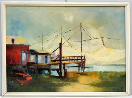 Antonio Rosetti "Reti a Porto Garibaldi", olio su tela (cm 50x70) firmato in...
