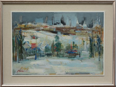 Ignoto "Scorcio di città" acrilico su tela (cm 43x60) Firmato in basso a...