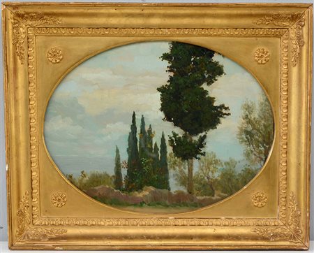 Firma indecifrata "Paesaggio con alberi" olio su compensato (cm 28x34.5)...