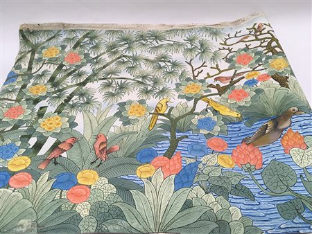 Pannello decorativo su tela raffigurante un paesaggio con uccelli, bambù e...