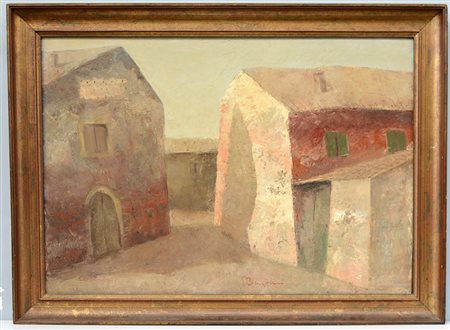 Giacomo Bergomi "Casolari" olio su tela (cm 70x100) Firmato al centro. In...