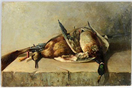 C. De Toma "Cacciagione" olio su tela (cm 57x90) Firmato e datato in basso a...