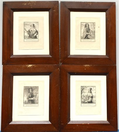 Gruppo di quattro antiche incisioni su rame da Abraham Bosse raffuguranti i...