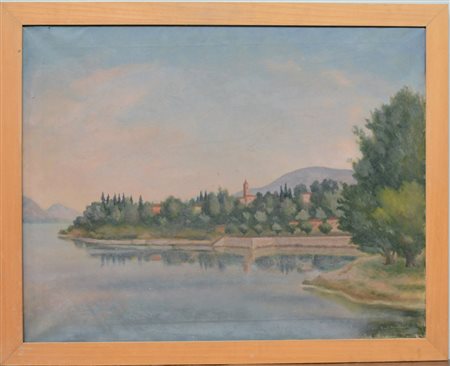 Dante Montanari "La punta nel lago" olio su tela (cm 70x90) Firmato in basso...