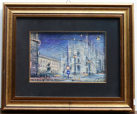 Luigi Casartelli detto Tellis "Piazza Duomo di notte" tecnica mista su carta...
