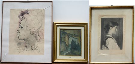 Lotto composto da un'incisione e un dipinto raffiguranti scorci Bergamaschi,...