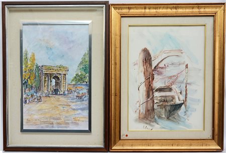 Lotto composto da due acquerelli raffiguranti "Arco della Pace a Milano" e...