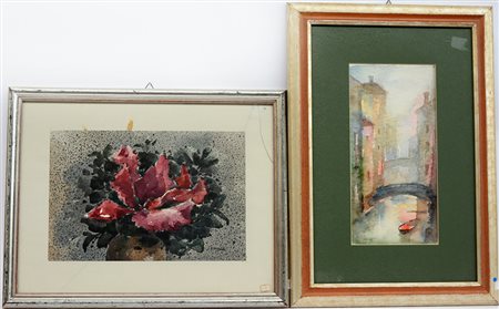 Lotto composto da due acquerelli raffiguranti "Scorcio di Venezia" e "Fiori"...