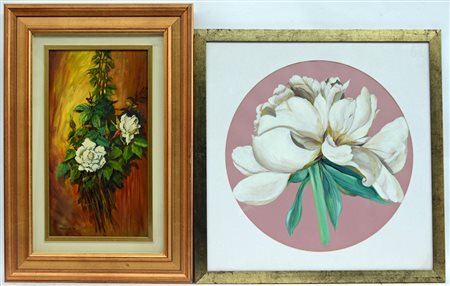 Lotto composto da due dipinti ad olio raffiguranti fiori, autori e misure...