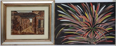 Lotto composto da una tecnica mista raffigurante cascinale in cornice e un...