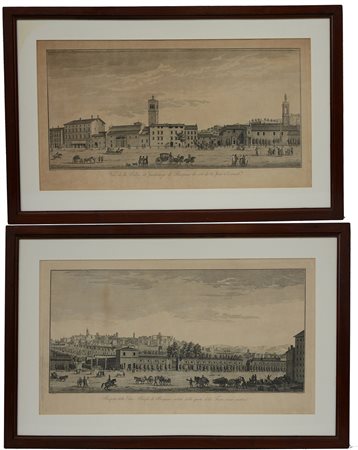 Coppia di incisioni raffiguranti scorci della città di Bergamo (cm 47x86) In...