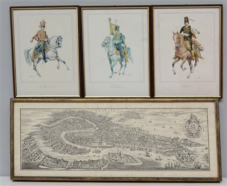 Lotto composto da una stampa raffigurante Venezia, e tre litografie a colori...