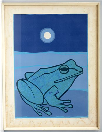 Firma indecifrata "Rana con luna". Litografia moderna a colori, firmata in...
