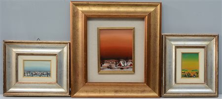 Firma indecifrata "Paesaggi". Lotto di tre dipinti naif di misure diverse, in...