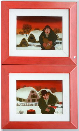 A. Huliev "Paesaggi invernali con figure" coppia di verre-peint (cm 29x39)....