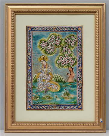 Firma indecifrata "Paesaggio con figura e albero" gruppo di sei piastrelle...