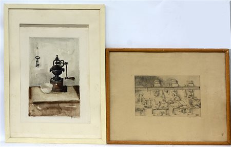 Lotto composto da un'incisione del sec. XIX e cinque disegni di cui una in...