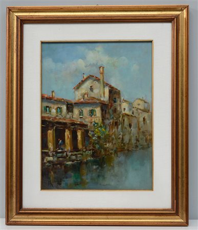 Firma indecifrata "Milano naviglio a San Damiano" olio su tela (cm 40x30)...