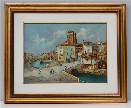 Firma indecifrata " Milano Porta Ticinese e naviglio" olio su tela (cm 30x40)...