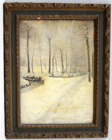 Firma indecifrata "Paesaggio invernale" olio su compensato (cm 72x53) firmato...