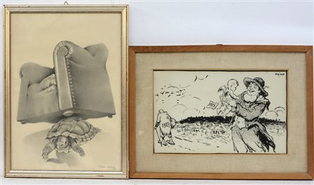 Lotto composto da un disegno firmato Faino e uno firmato Gloria Angeli (difetti)