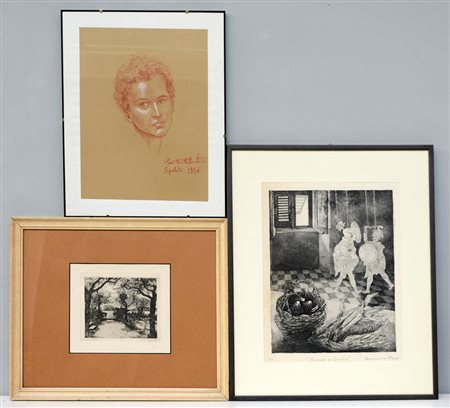 Lotto composto da un disegno raffigurante testa di uomo e due acquaforti di...