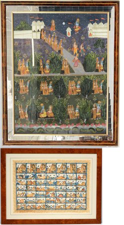 Arte indiana. Lotto composto da due batik raffiguranti personaggi e animali...