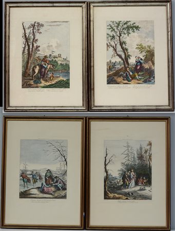 Lotto composto da quattro stampe a colori raffiguranti figure, in cornici