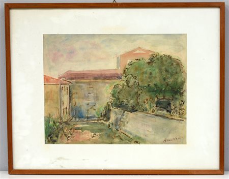 Alberto Vitali (Bergamo 1898 - 1974) "Paesaggio con case" acquerello su carta...