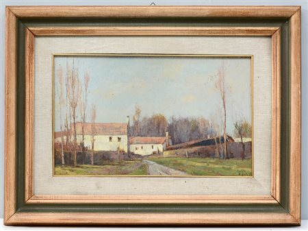 Firma indecifrata "Paesaggio di campagna" olio su compensato (cm 29x47)...