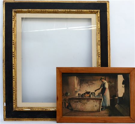 Lotto composto da un'incisione e una cornice in legno laccato e dorato